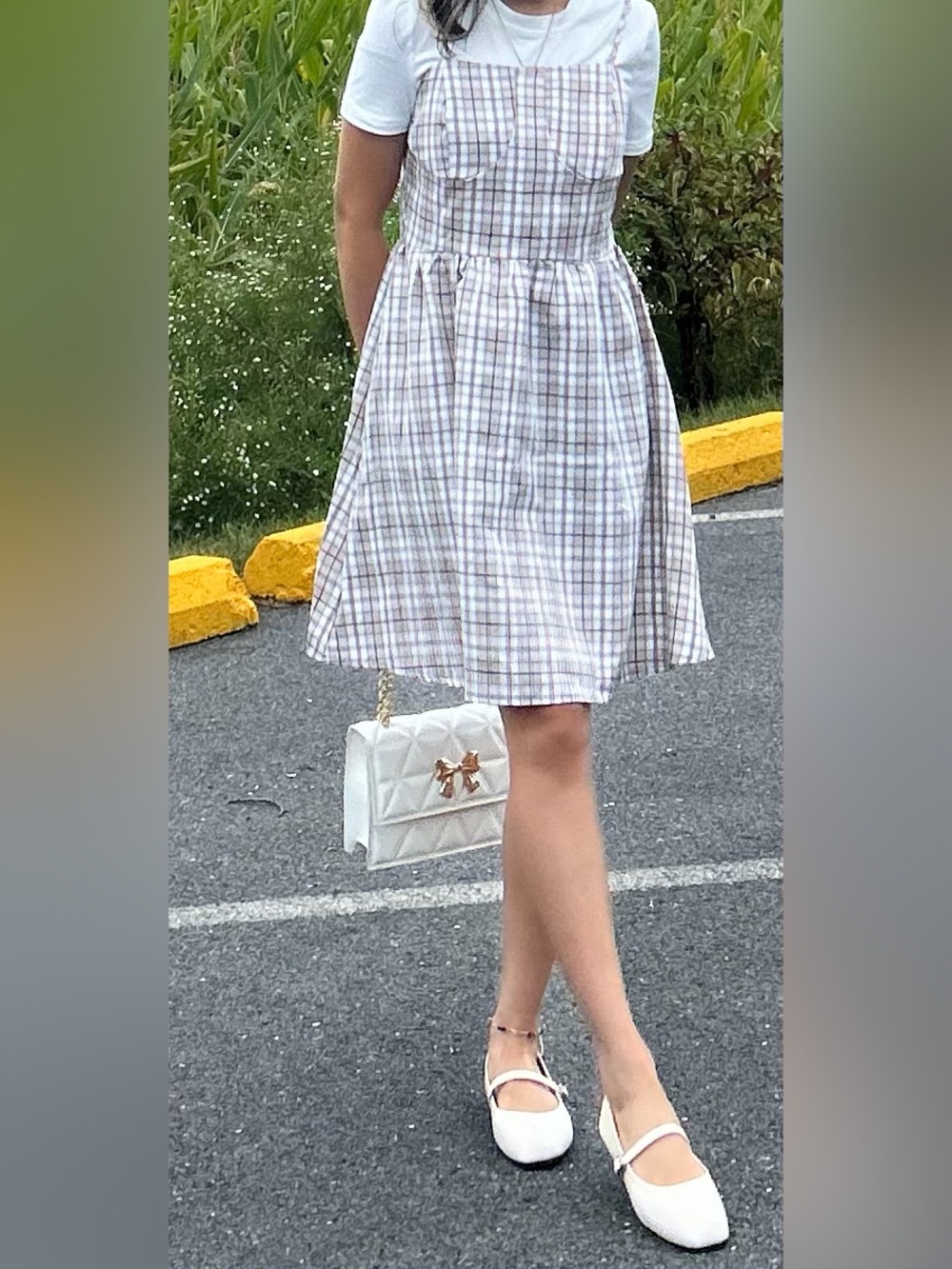 SHEIN White and light brown Plaid Square-Neck Circle Skater Dress